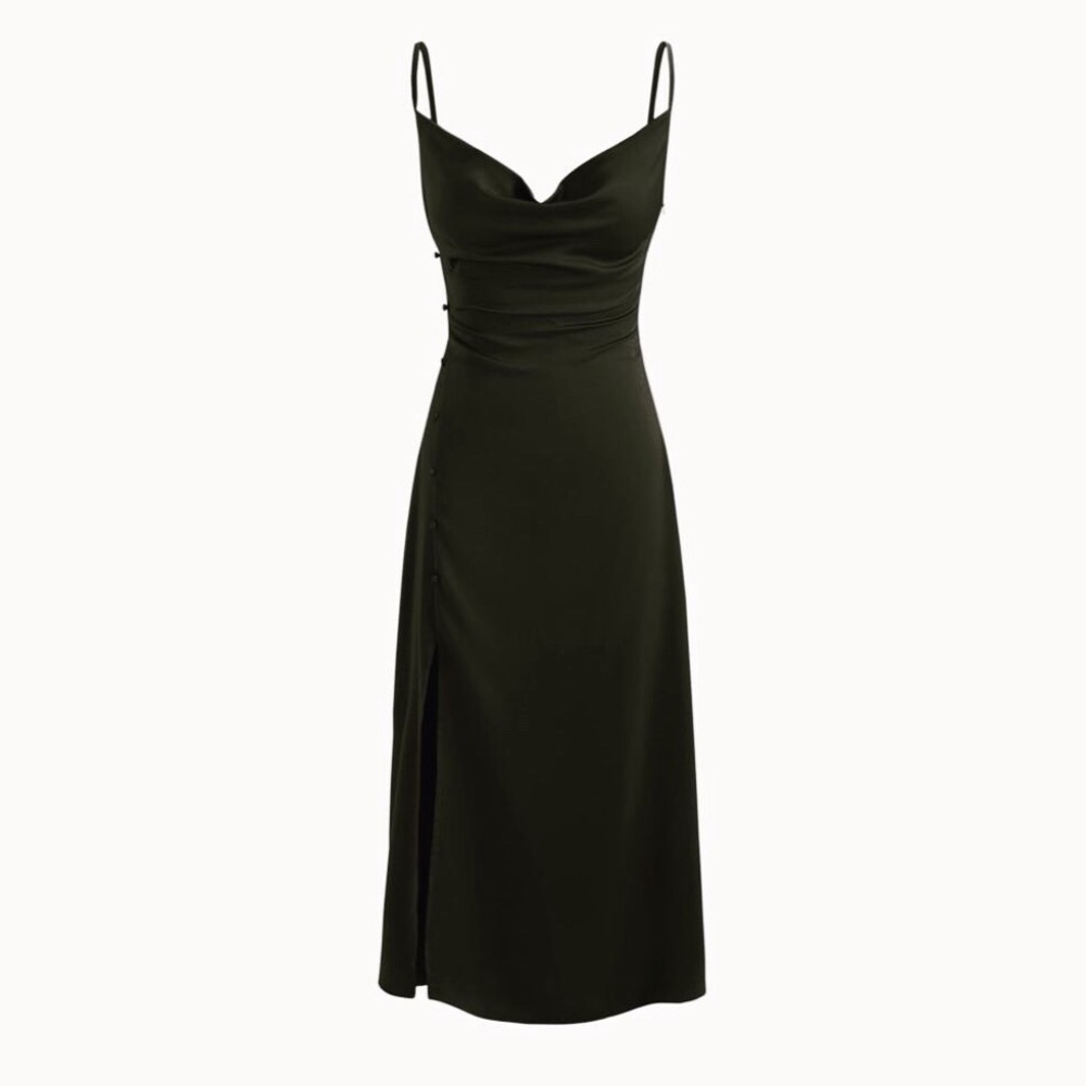 NWT Cider Satin Black Cowl Neck Midi Dress with Slit